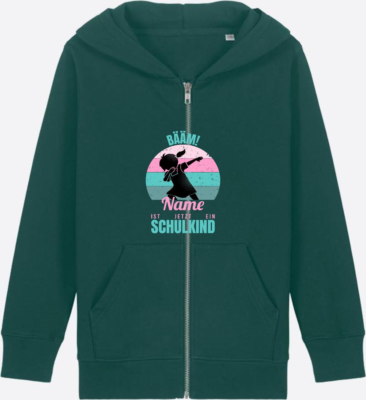 BÄÄM Schulkind Zip-Hoodie für Mädchen – Personalisiert mit Name - Glazed Green Herzseite