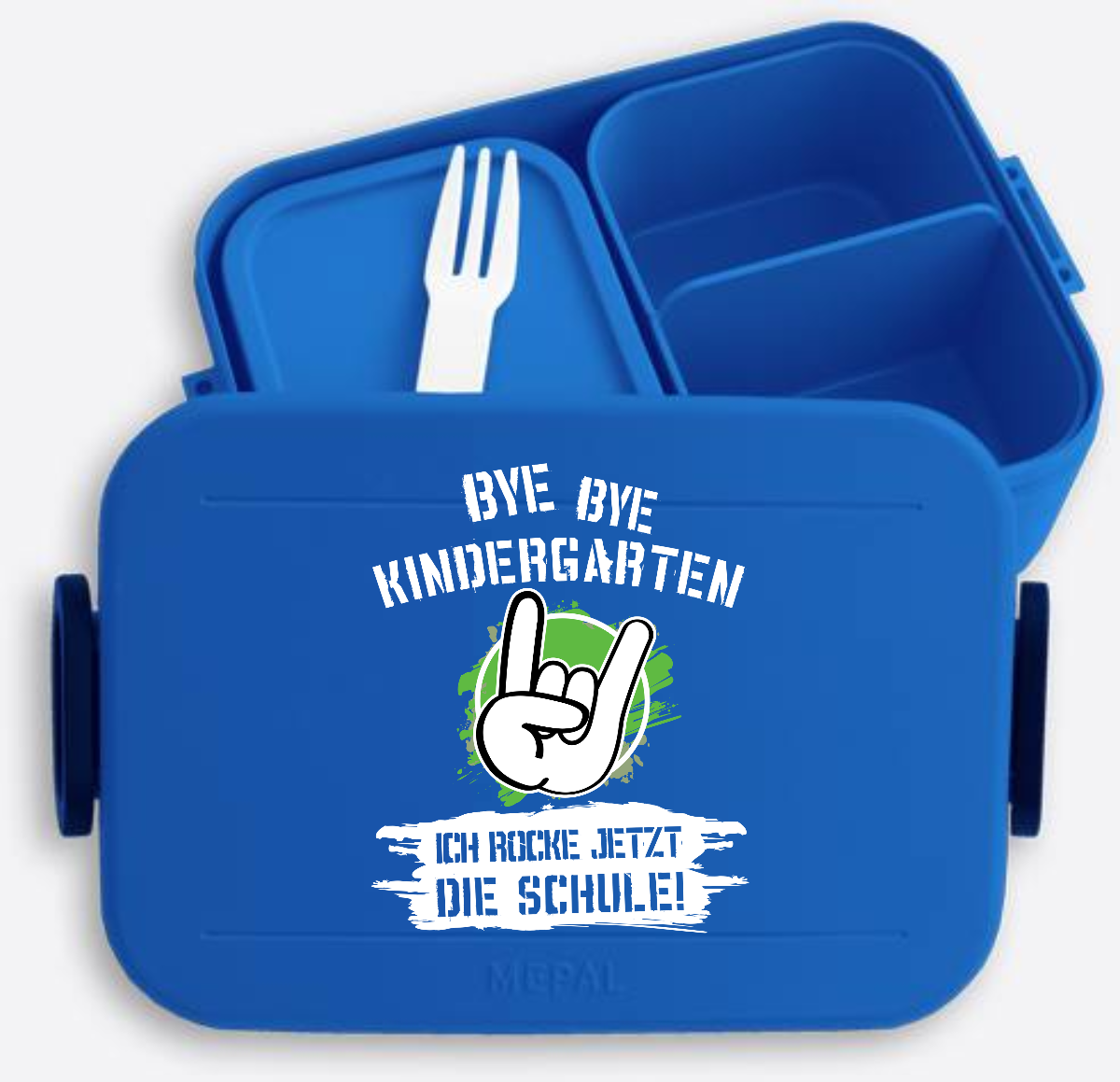 Brotdose Einschulung: Bye Bye Kindergarten – Ich rocke die Schule - Vivid Blue