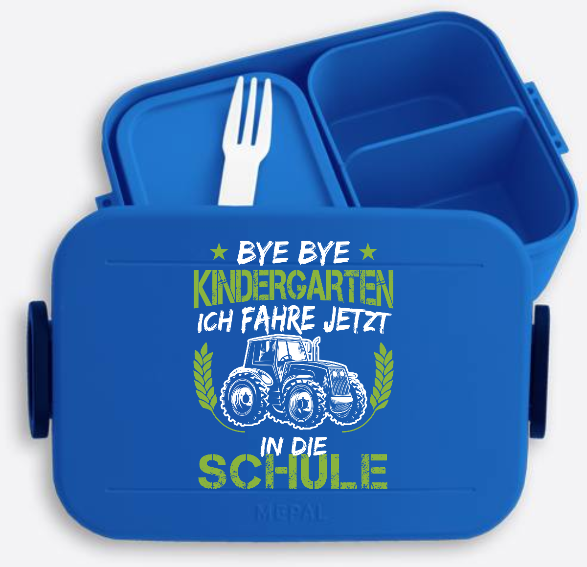 Brotdose Einschulung – Bye Bye Kindergarten Traktor - Vivid Blue