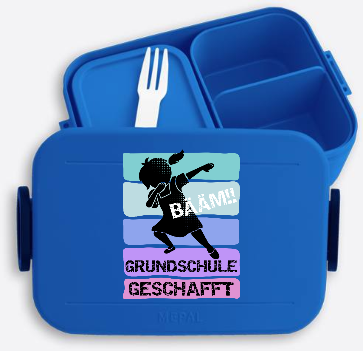 Brotdose Mädchen "Bääm! Grundschule geschafft" mit Name - Vivid Blue