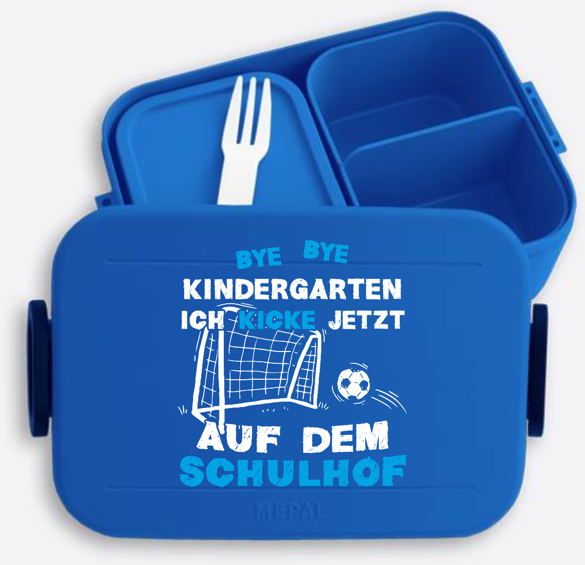 Brotdose zur Einschulung – Bye Bye Kindergarten Fußball mit Name - Vivid Blue