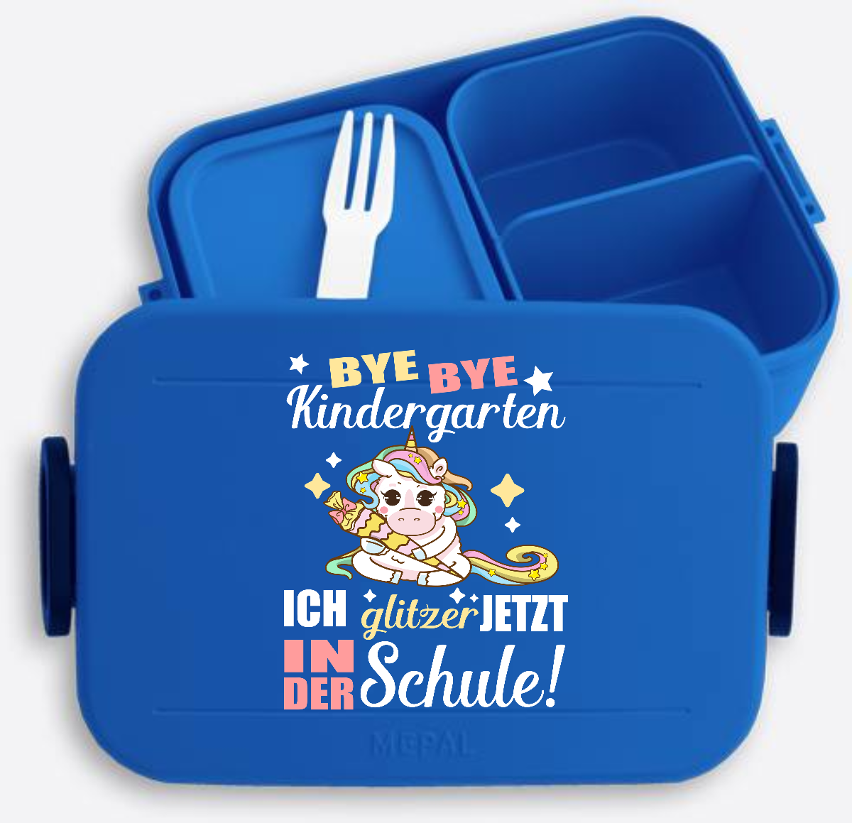 Brotdose zur Einschulung mit Name – Bye Bye Kindergarten Einhorn - Vivid Blue
