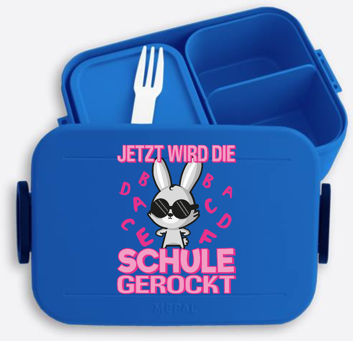 Brotdose zur Einschulung mit Name – Hase rockt die Schule - Vivid Blue