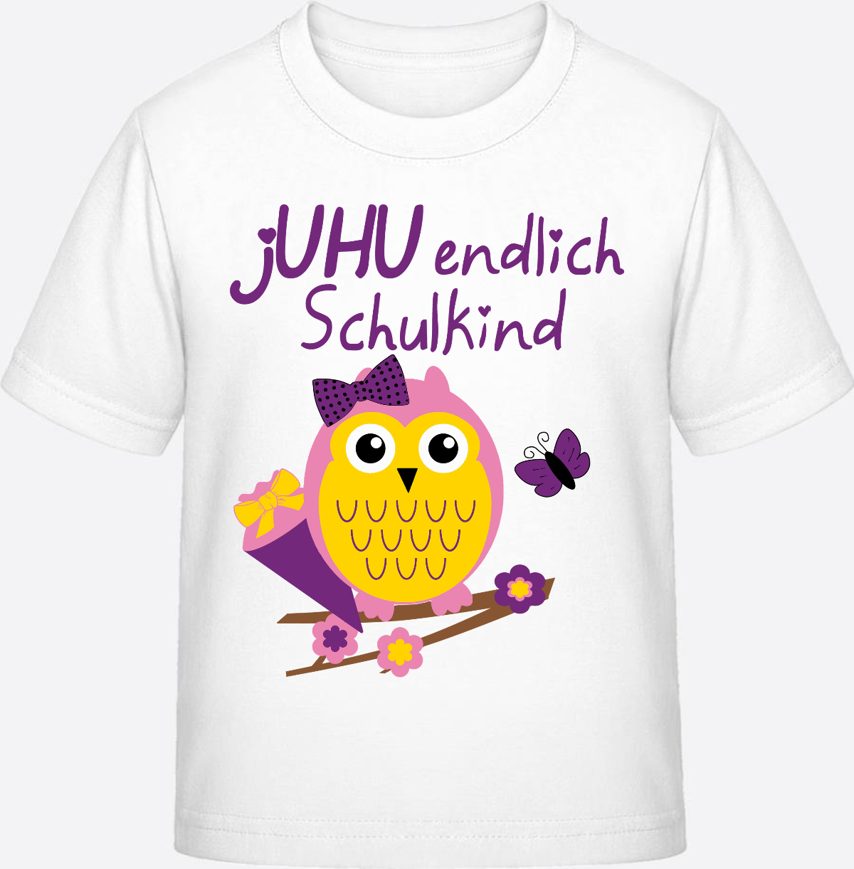 Einschulung T-Shirt: Juhu endlich Schulkind Eule mit Name - White