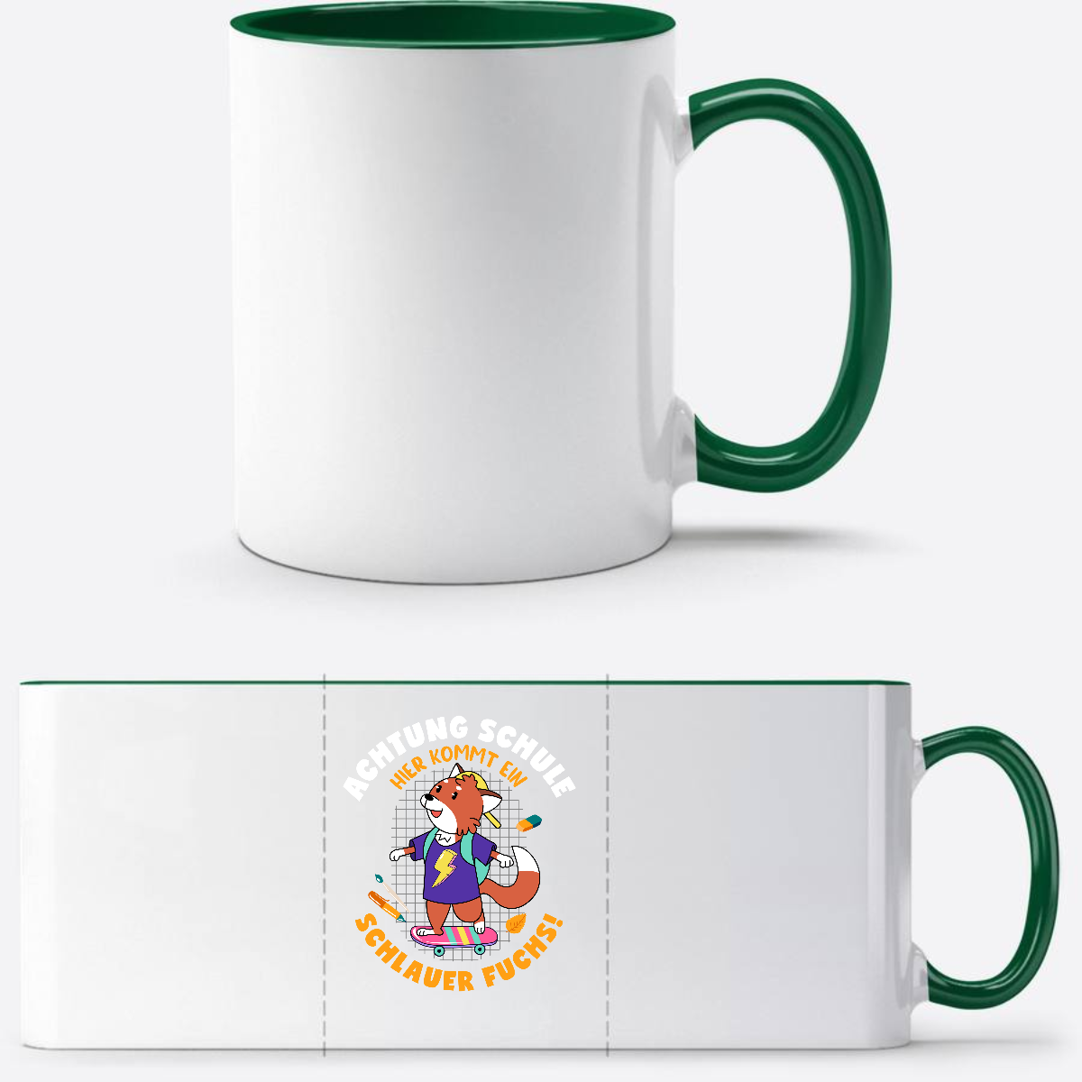 Einschulung Tasse Schlauer Fuchs mit Wunschnamen - Weiß/Dunkelgrün