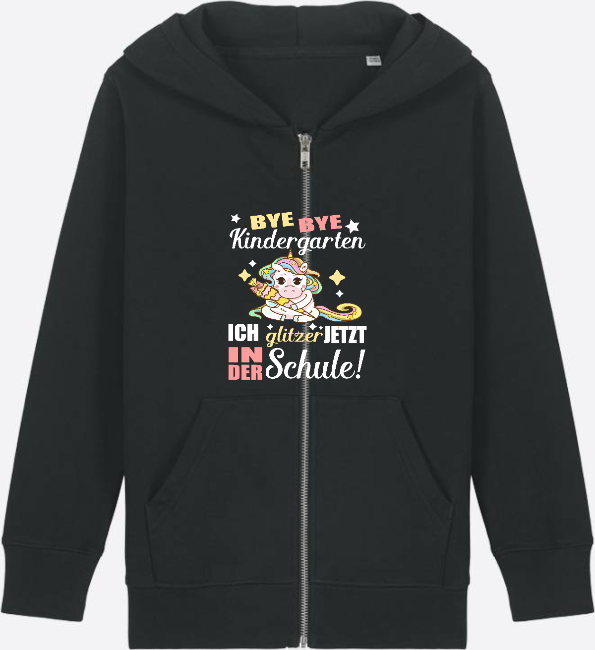Einschulung Zip-Hoodie: Bye Bye Kindergarten Einhorn - Black Herzseite
