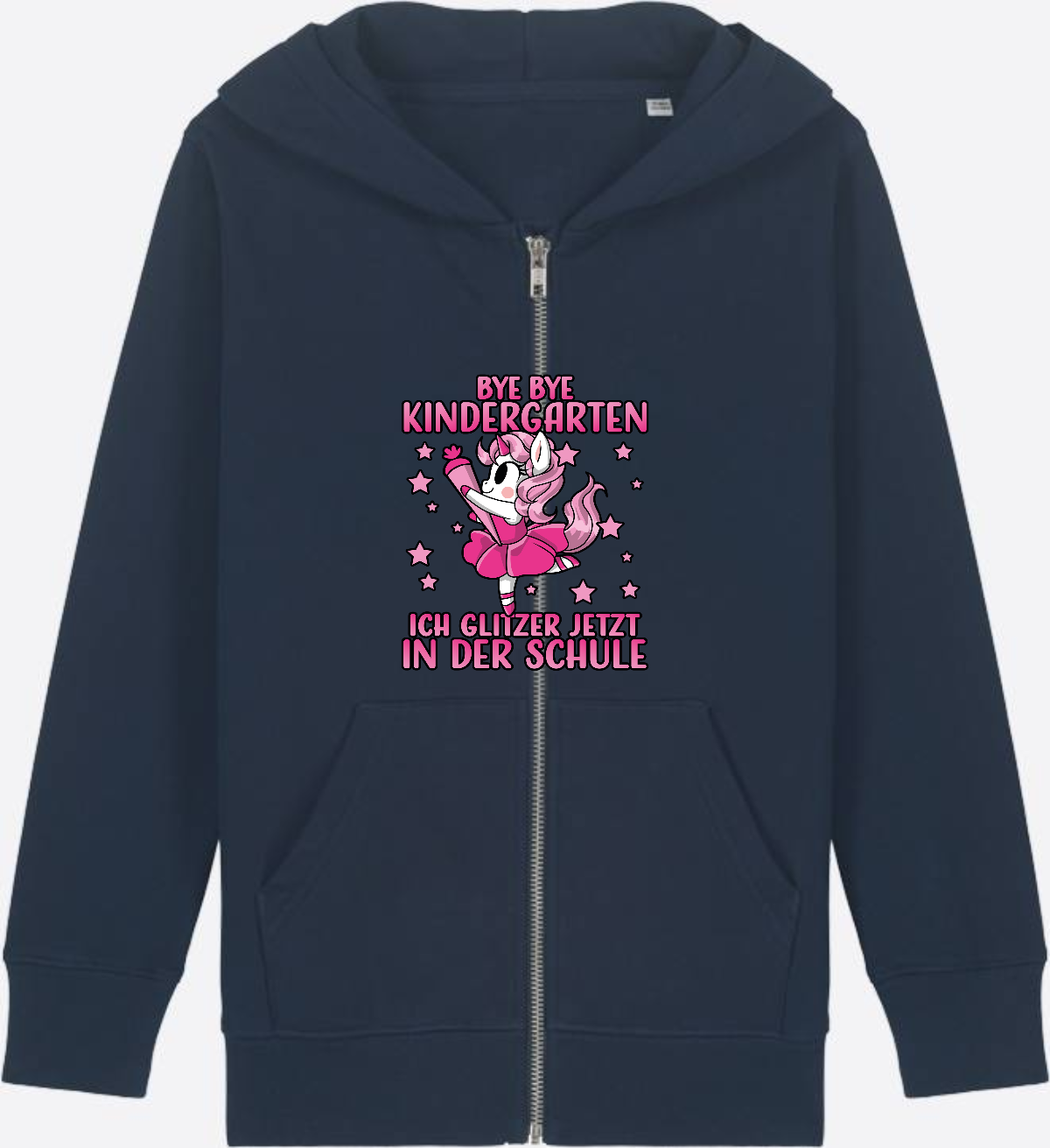 Einschulung Zip-Hoodie: Bye Bye Kindergarten Einhorn - French Navy Herzseite