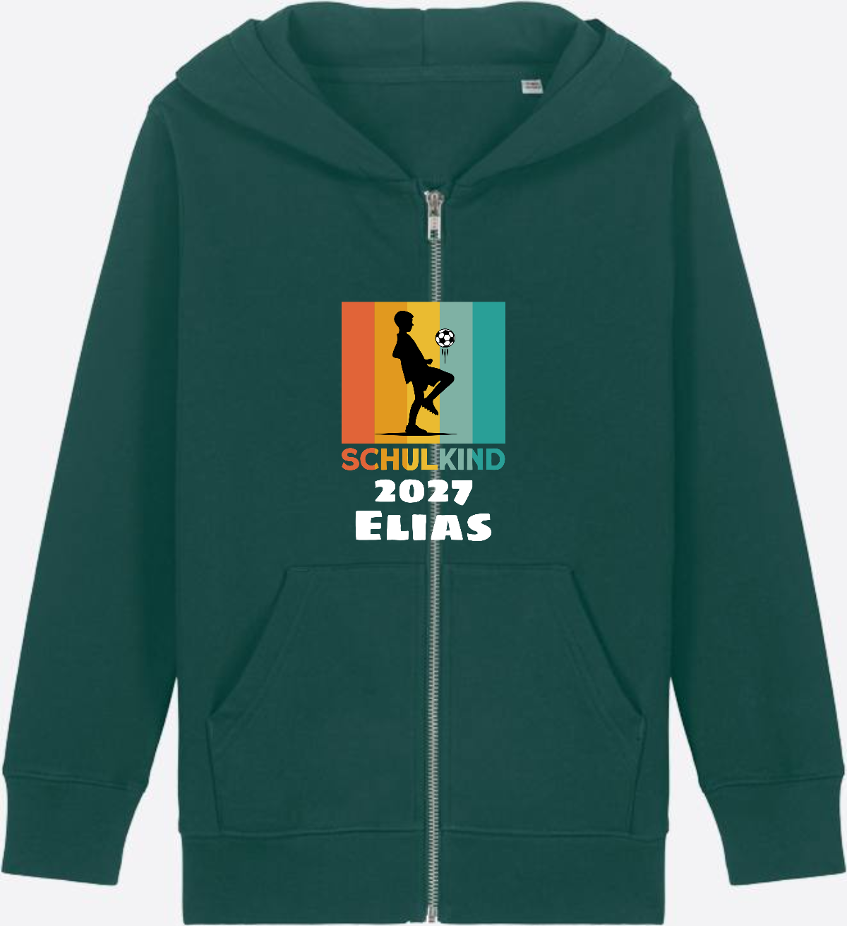 Einschulung Zip-Hoodie Fußball Retro weiß mit Wunschnamen - Glazed Green Herzseite