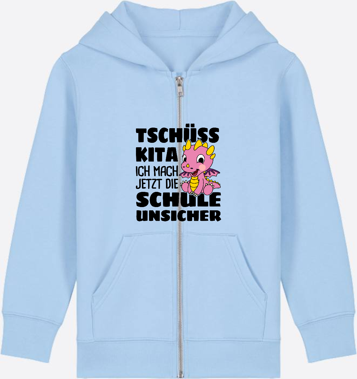 Einschulung Zip-Hoodie: Tschüss Kita mit rosa Drachen & Name - Blue Soul Herzseite