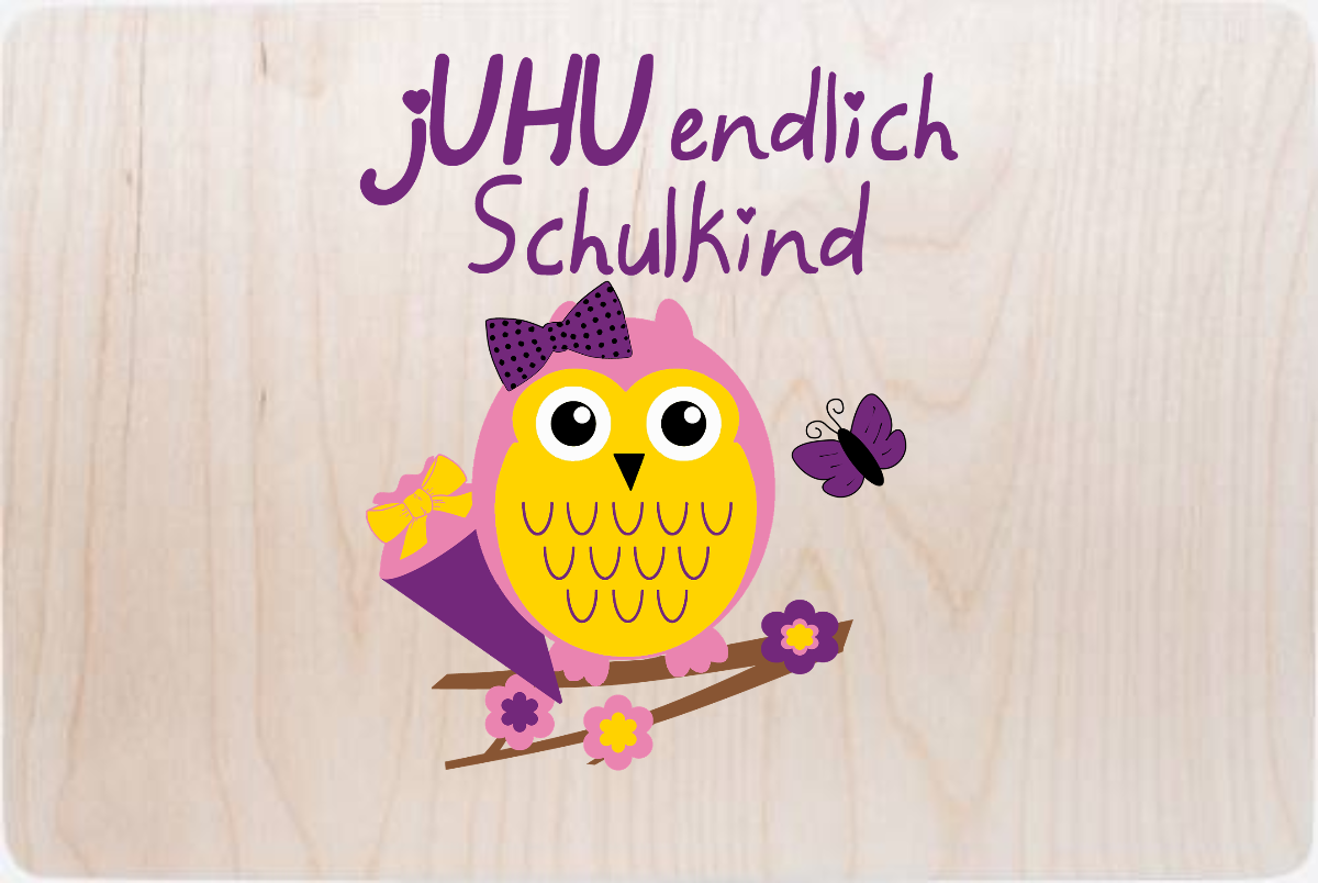 Erinnerungsbox Einschulung mit Name – Juhu Schulkind Eule - Holz