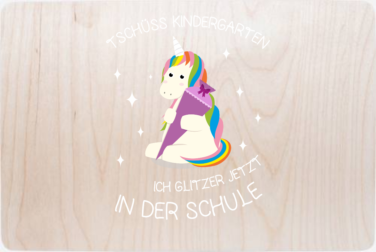 Erinnerungsbox Einschulung – Tschüss Kindergarten Einhorn - Holz