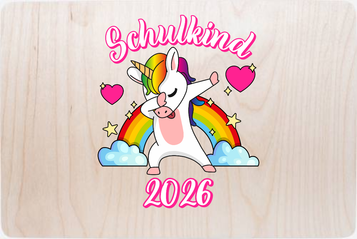 Erinnerungsbox Schulkind 2025 – Dabbendes Einhorn mit Name - Holz
