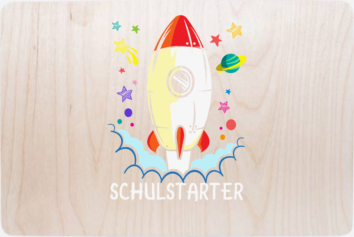 Erinnerungsbox zur Einschulung – Bunte Rakete mit Name - Holz