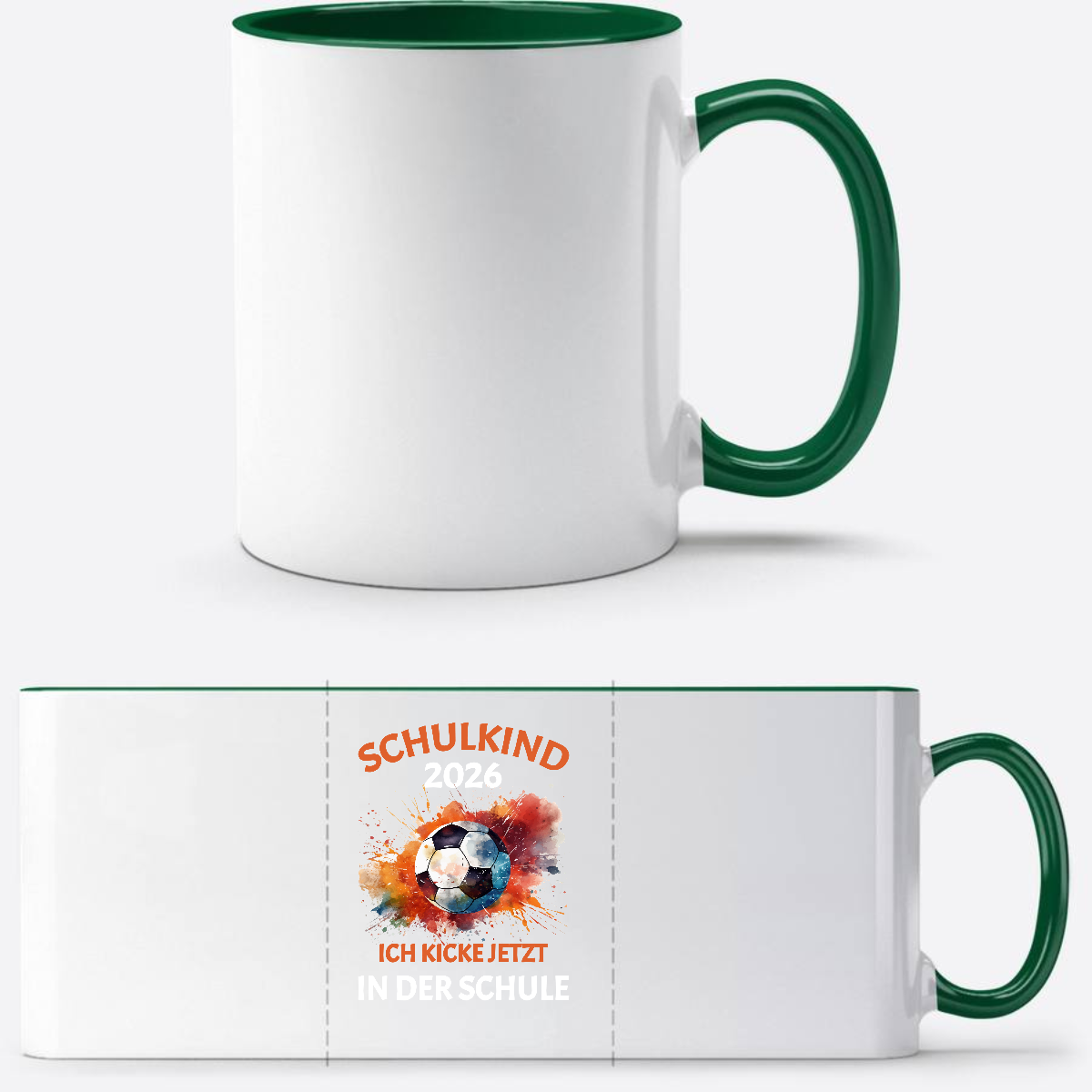 Fußball-Tasse Schulkind 2026 – Ich kicke jetzt in der Schule - Weiß/Dunkelgrün