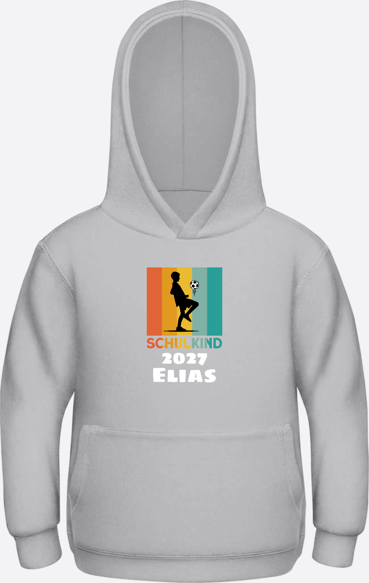 Hoodie zur Einschulung - Retro Fußball weiß mit Wunschname - Heather Grey Herzseite