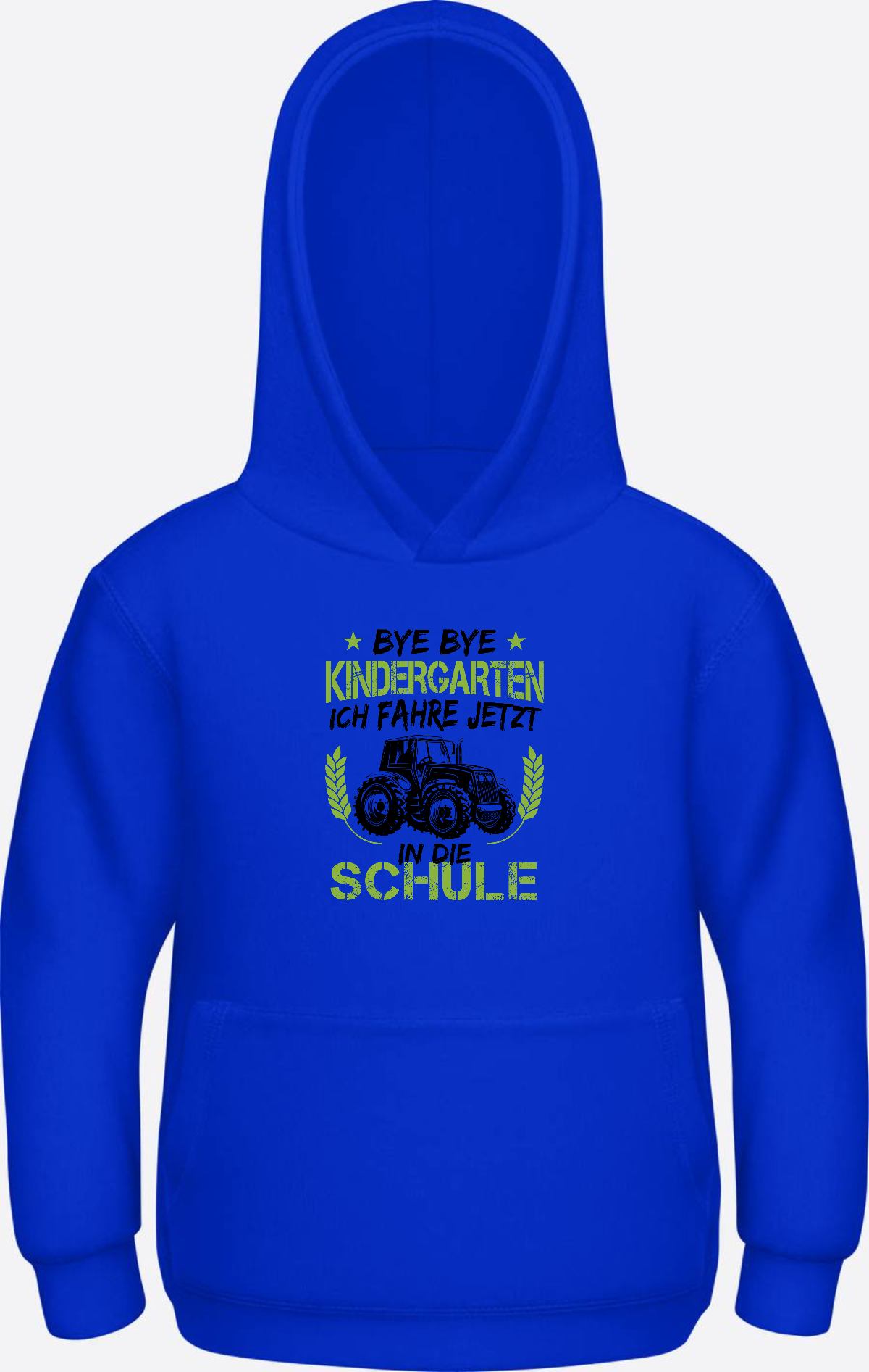 Kinder Hoodie Einschulung: Bye Bye Kindergarten Traktor - Bright Royal Herzseite