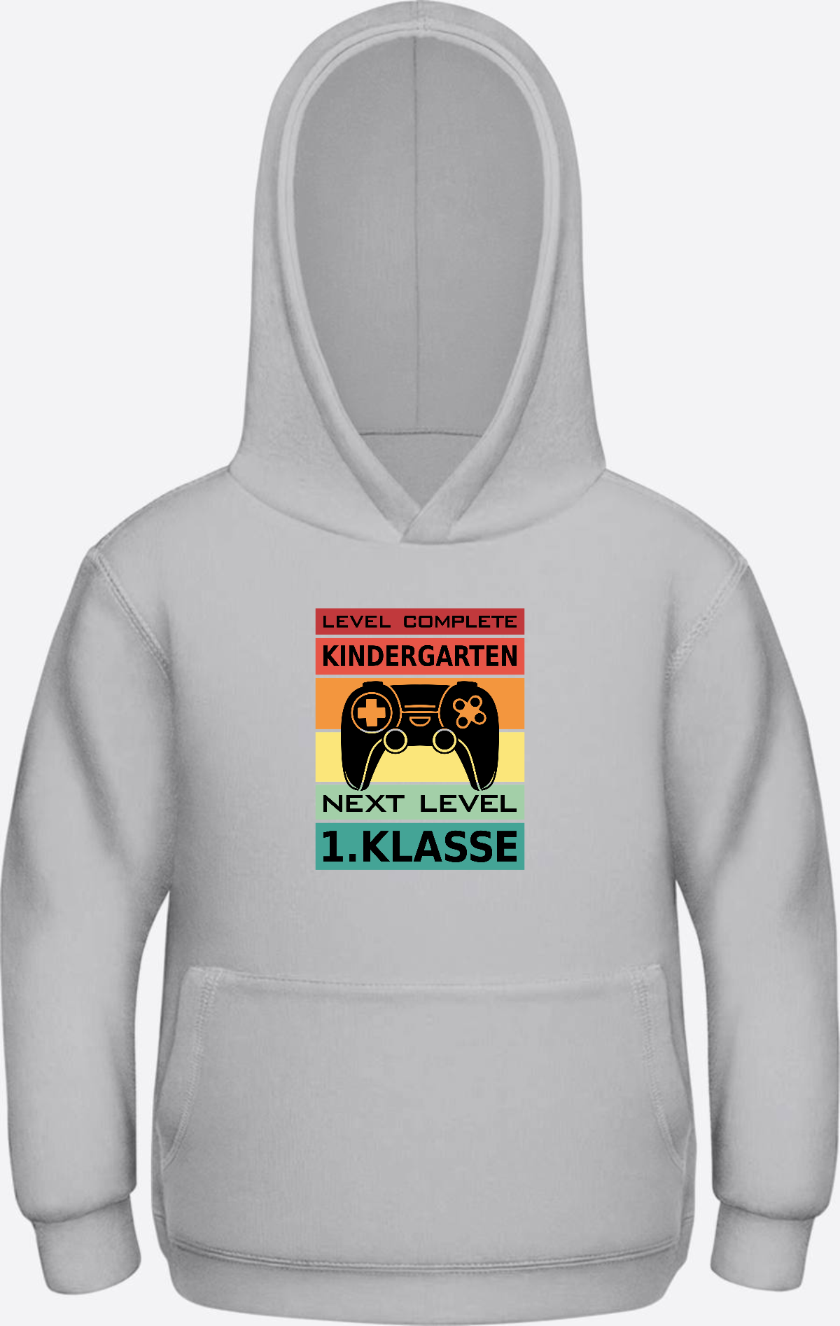 Kinder Hoodie Einschulung: Level Complete – Next Level 1. Klasse - Heather Grey Herzseite