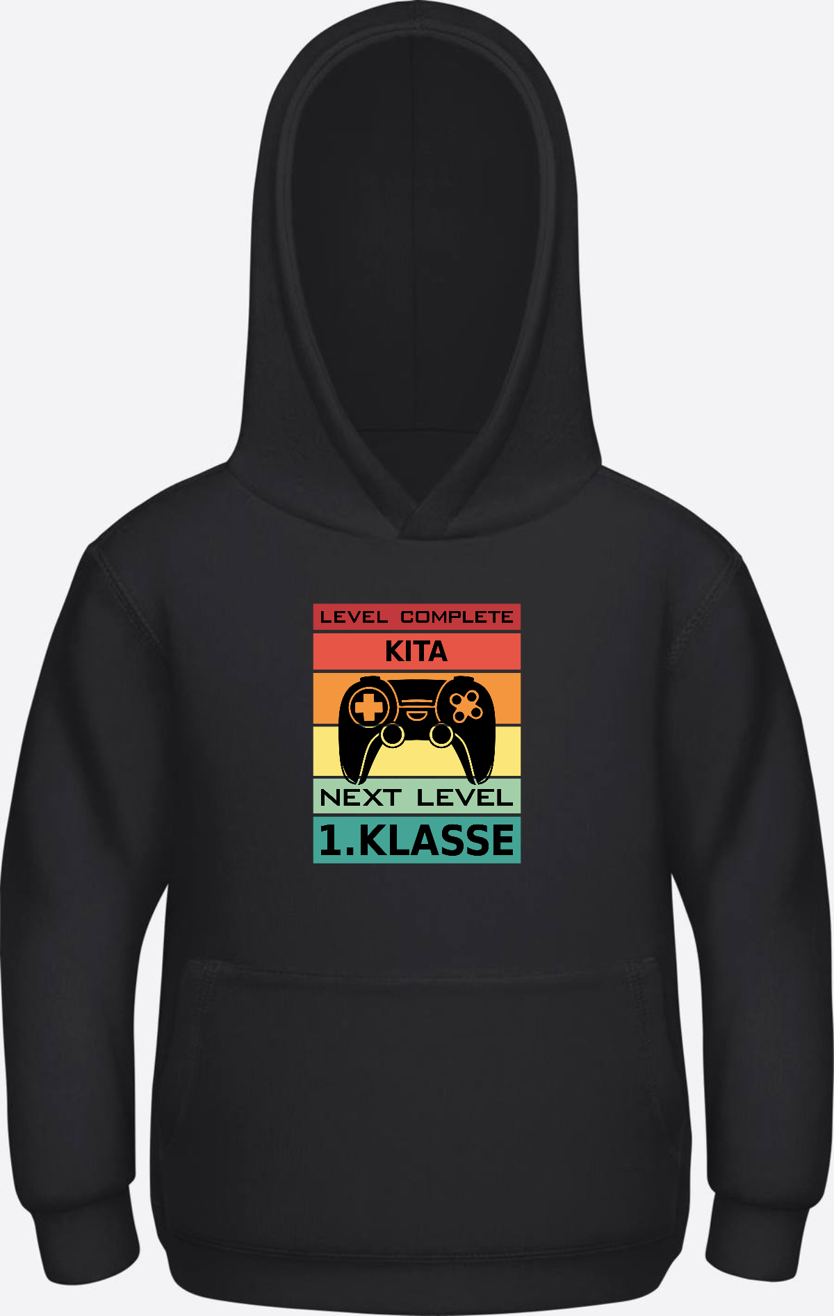 Kinder Hoodie Einschulung: Next Level 1. Klasse mit Name - Jet Black Herzseite