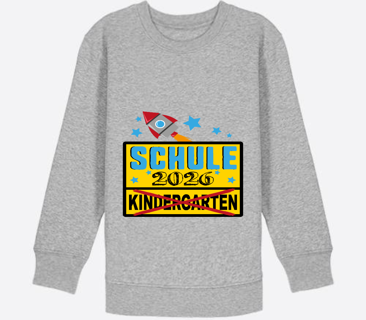 Kinder Sweatshirt Einschulung 2026 - Ortsschild Rakete mit Name - Heather Grey Herzseite