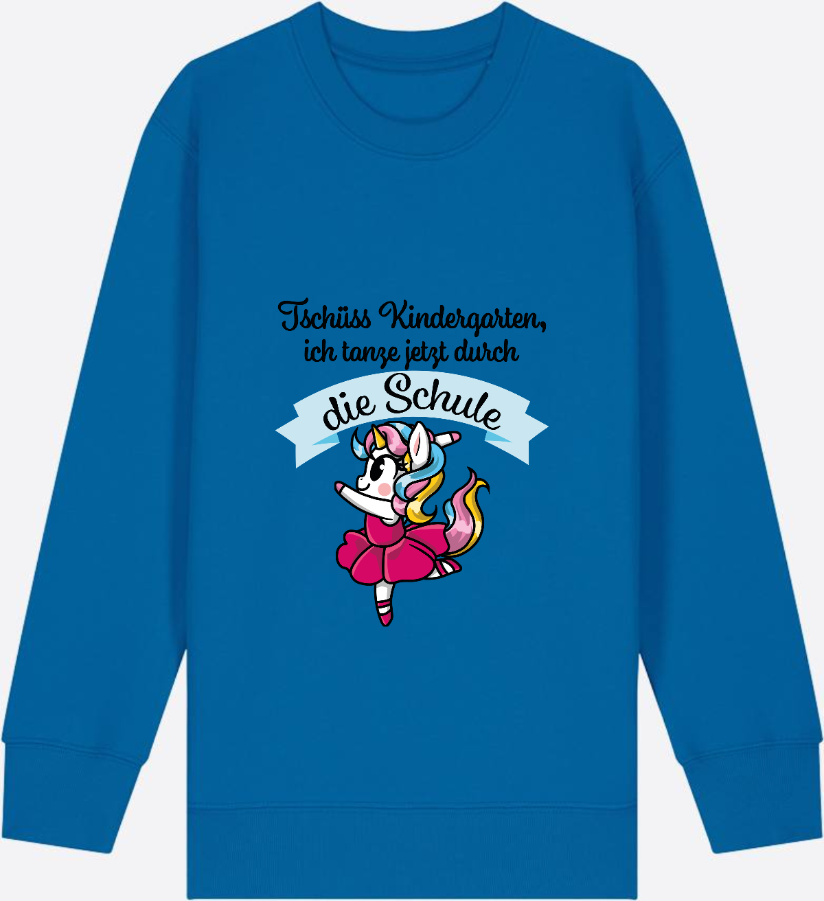 Kinder Sweatshirt Einschulung – Einhorn Ballett mit Name - Royal Blue Herzseite