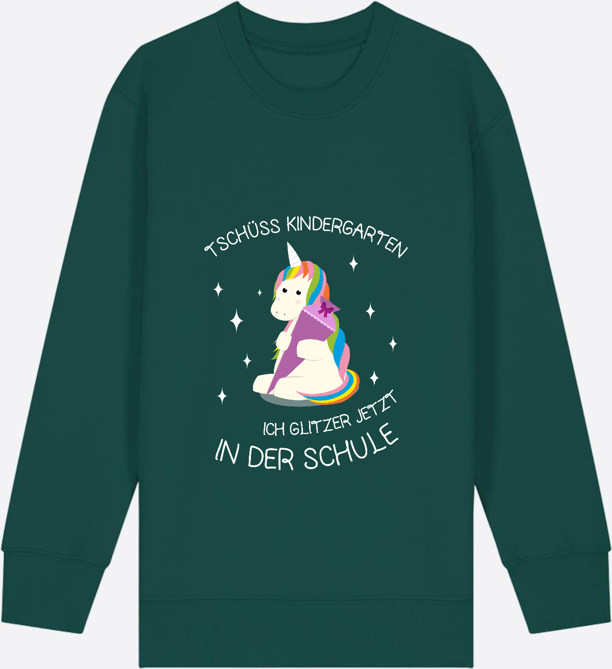 Kinder Sweatshirt Einschulung – Tschüss Kindergarten Einhorn - Glazed Green Herzseite