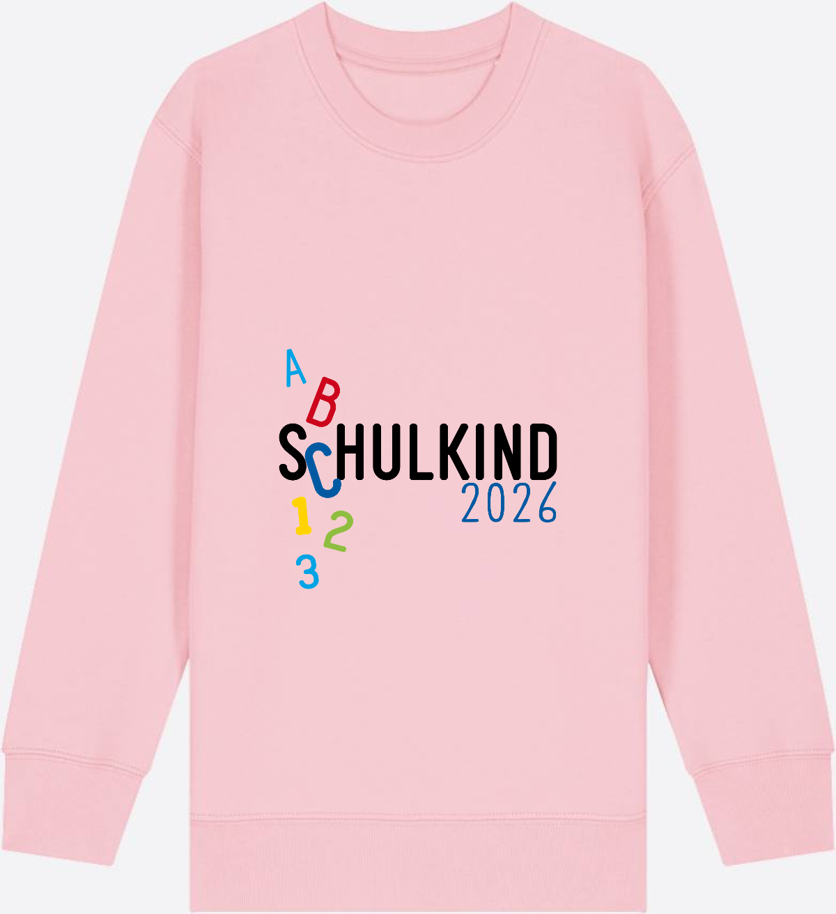 Kinder Sweatshirt Schulkind 2026 ABC Blau mit Name - Cotton Pink Herzseite