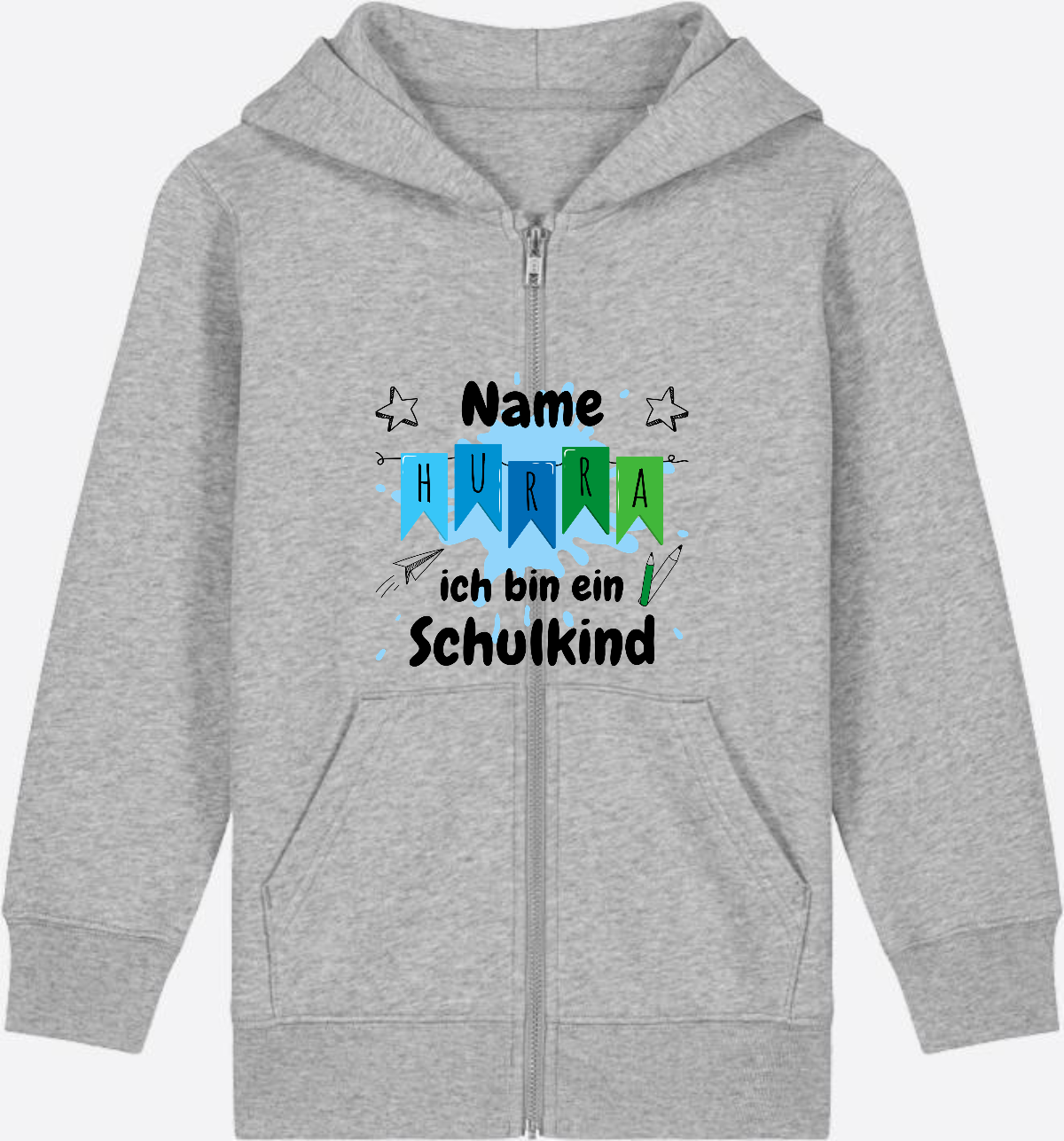 Kinder Zip-Hoodie Hurra ich bin ein Schulkind - Personalisiert - Heather Grey Herzseite