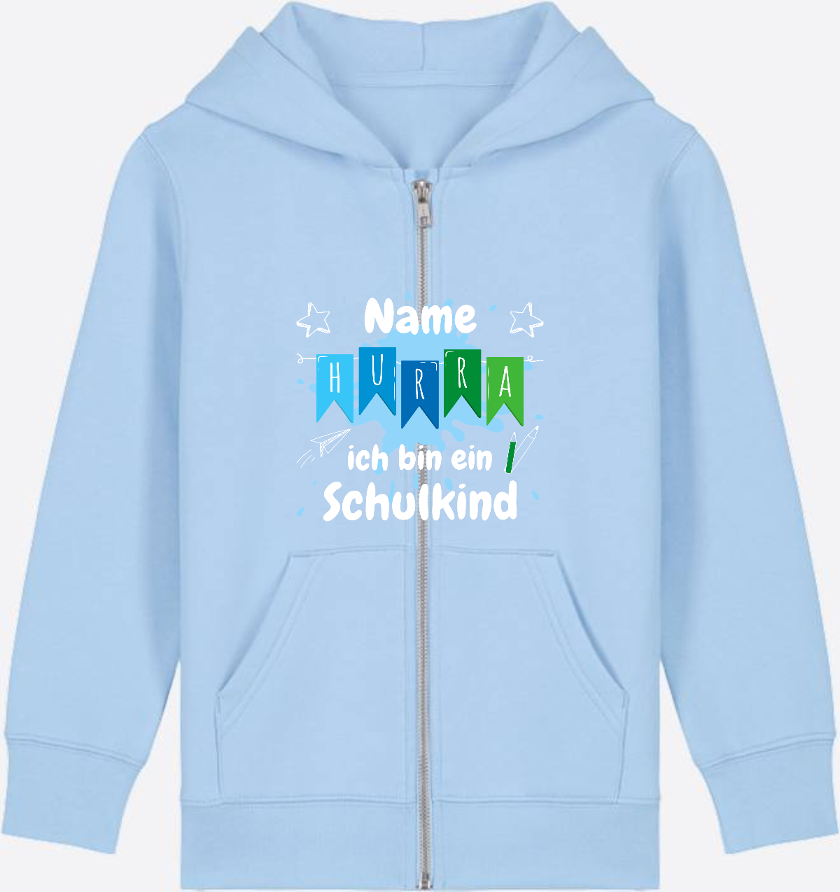 Kinder Zip-Hoodie "Hurra ich bin Schulkind" mit Name - Blue Soul Herzseite