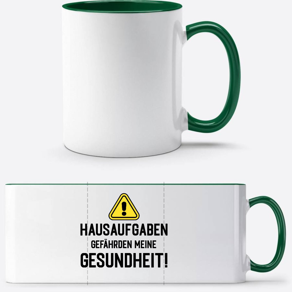 Lustige Tasse zur Einschulung: Hausaufgaben Warnschild mit Name - Weiß/Dunkelgrün