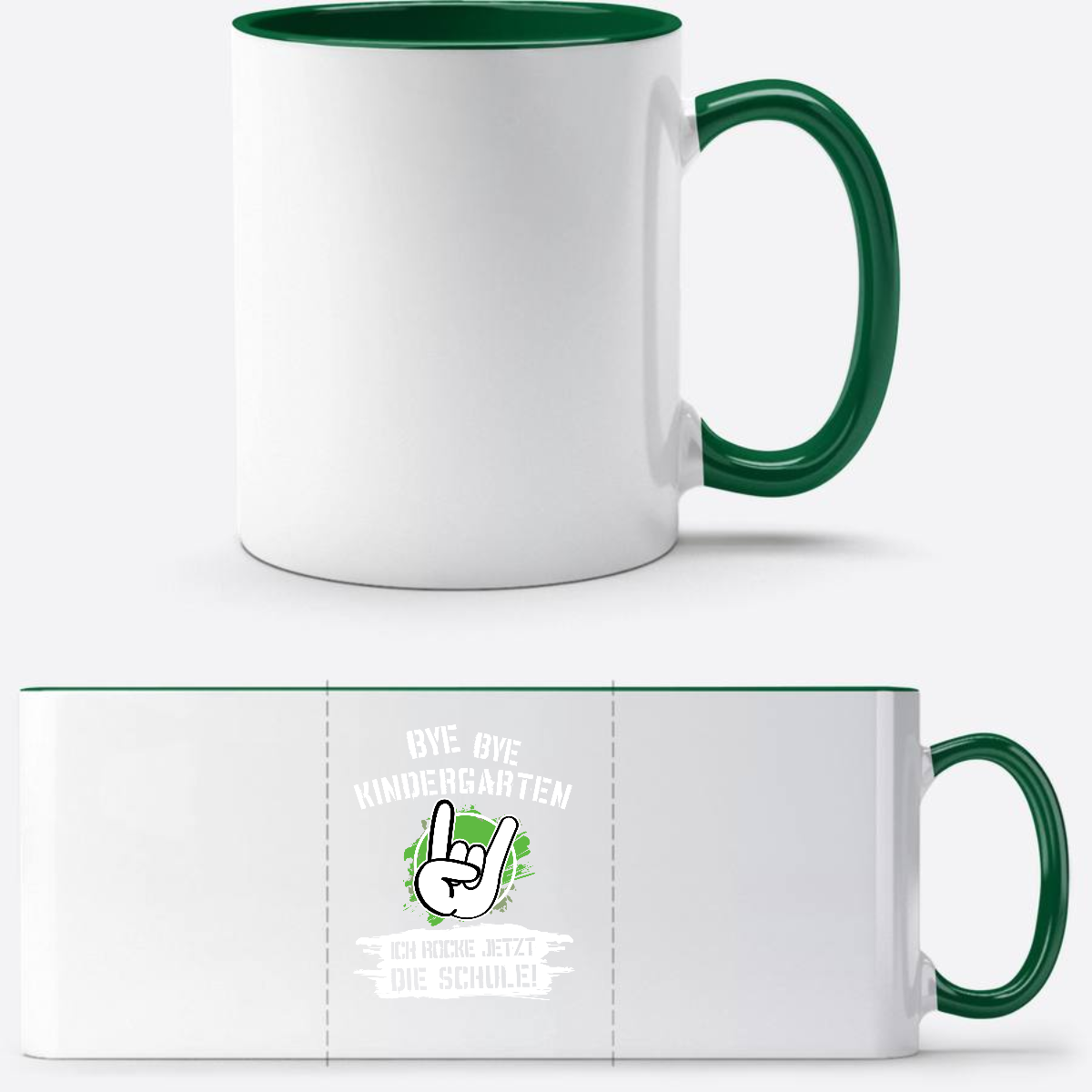 Personalisierte Tasse: Bye Bye Kindergarten, ich rocke die Schule - Weiß/Dunkelgrün