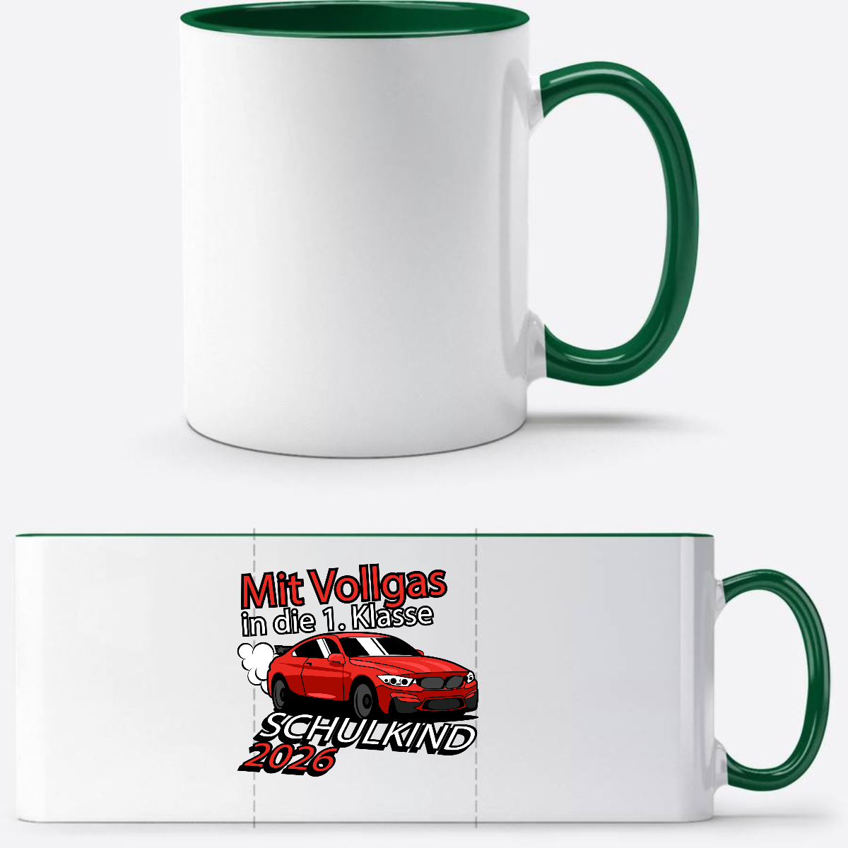 Personalisierte Tasse: Mit Vollgas in die 1. Klasse 2026 - Weiß/Dunkelgrün