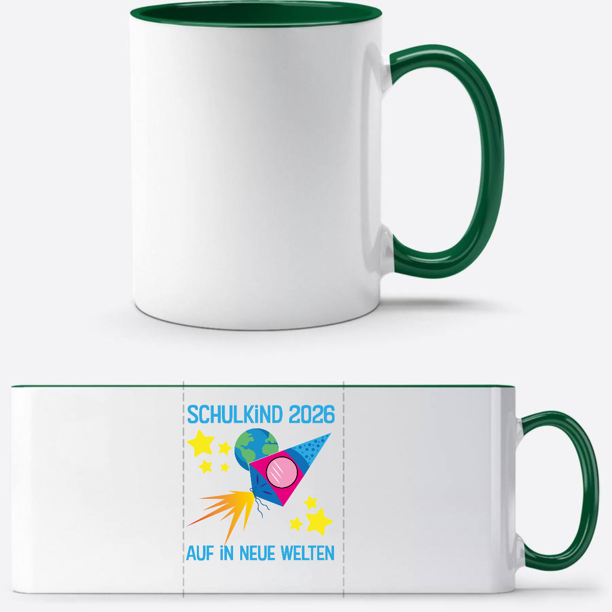 Personalisierte Tasse Schulkind 2026 – Auf in neue Welten - Weiß/Dunkelgrün