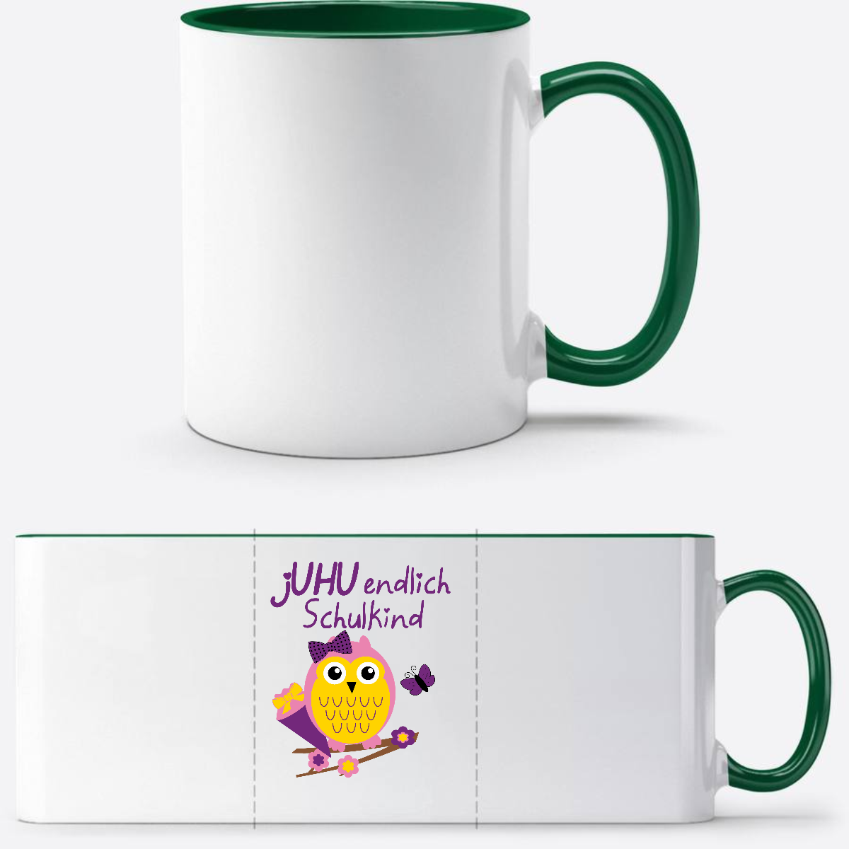 Personalisierte Tasse zur Einschulung – Juhu Eule Schulkind - Weiß/Dunkelgrün
