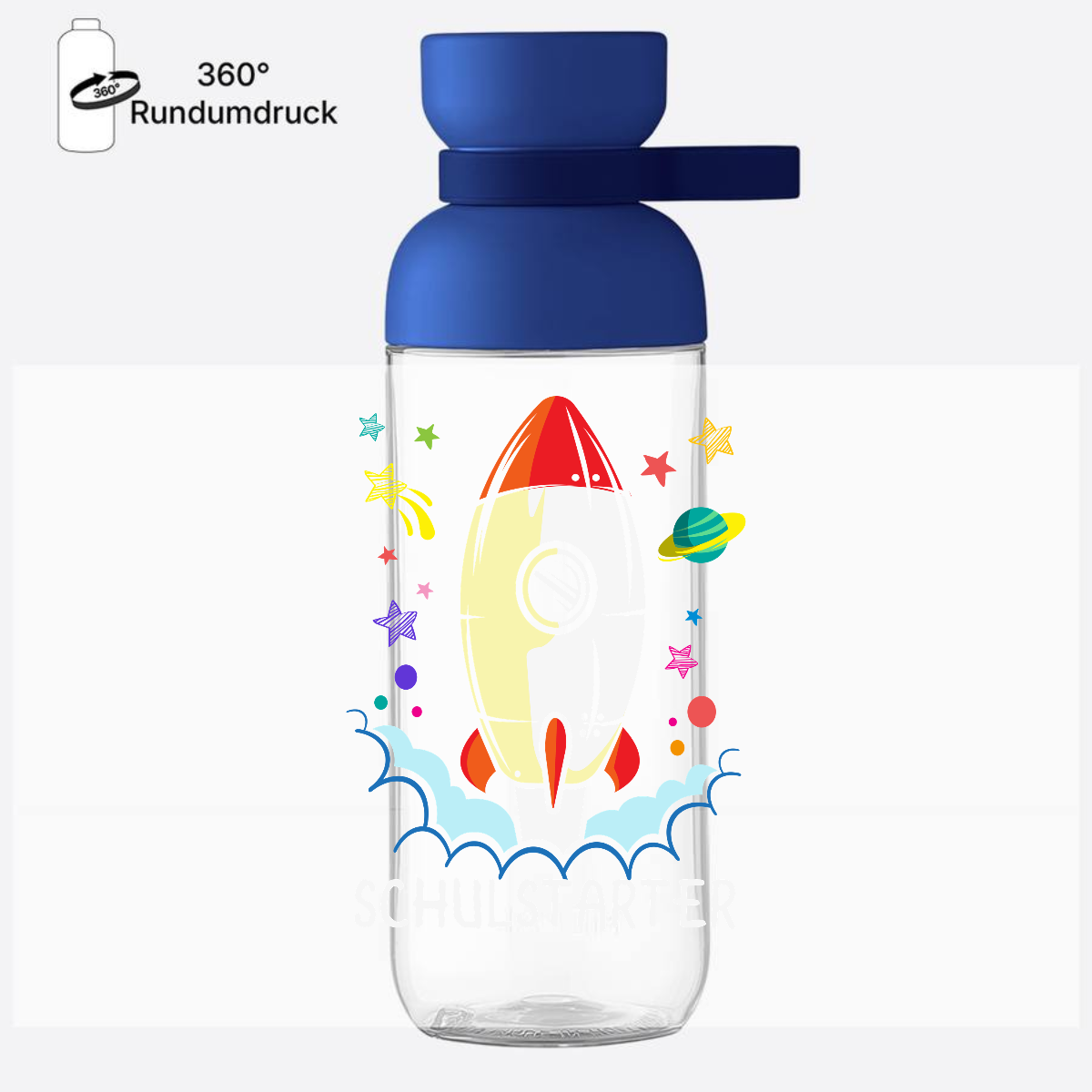 Personalisierte Trinkflasche zur Einschulung - Bunte Rakete - Vivid Blue