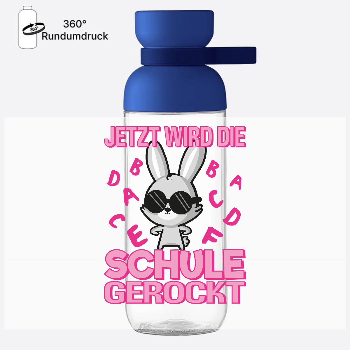 Personalisierte Trinkflasche zur Einschulung – Schule gerockt Hase - Vivid Blue