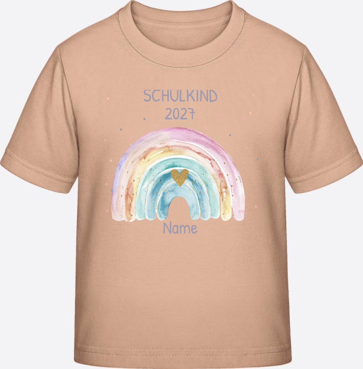 Personalisiertes Schulkind T-Shirt mit Namen & Regenbogen - Fraiche Peche