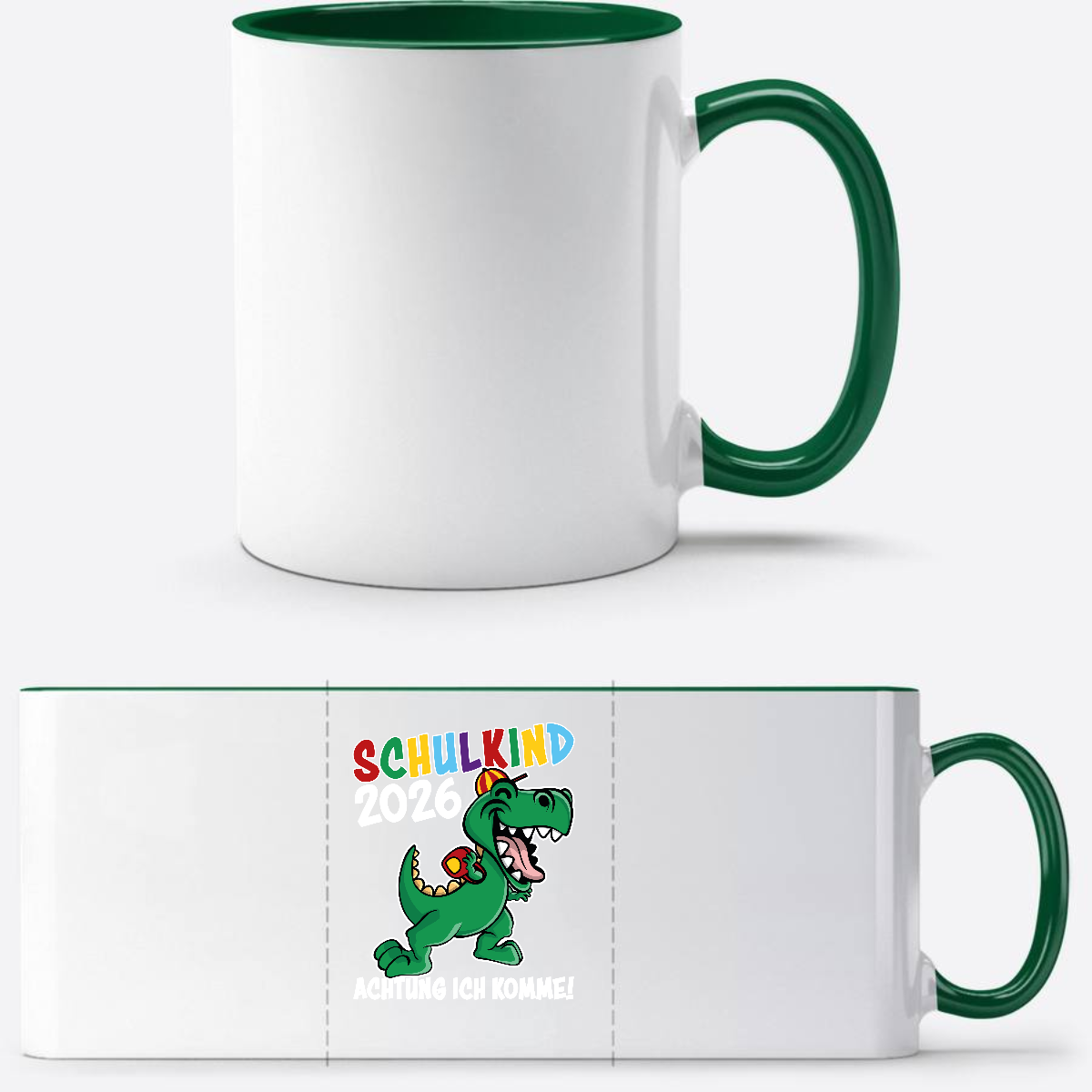 Schulkind 2026 Dino Tasse – Personalisiert mit Namen - Weiß/Dunkelgrün