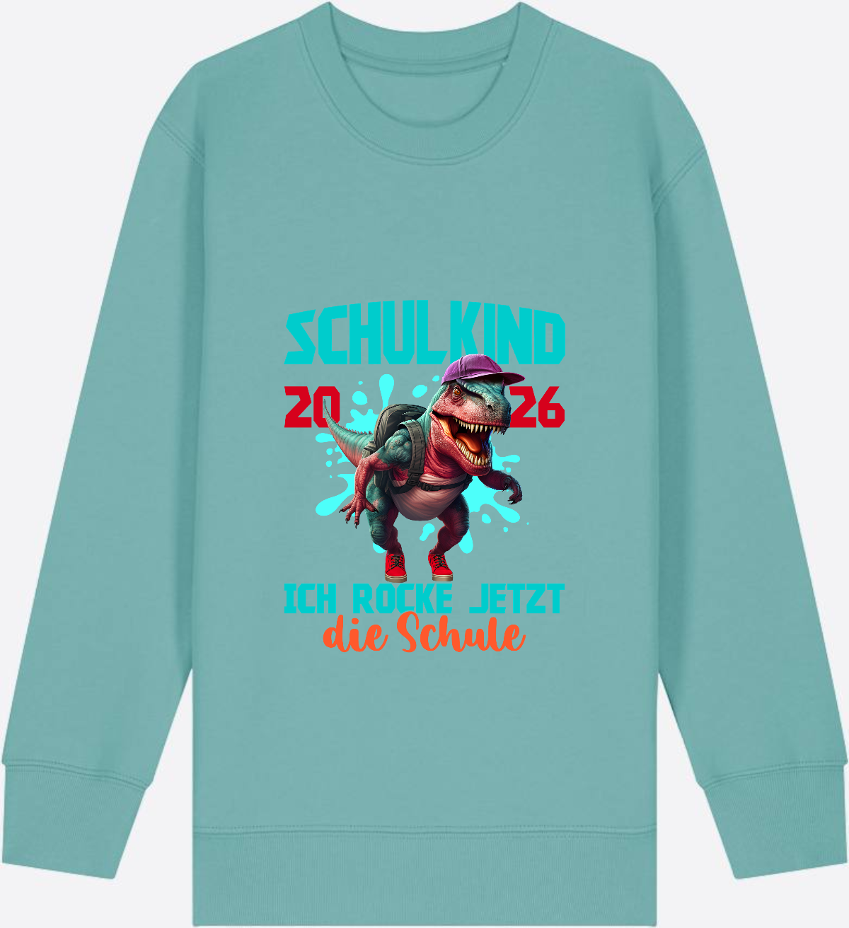 Schulkind 2026 Sweatshirt – Dino T-Rex Ich rocke die Schule - Teal Monstera Herzseite