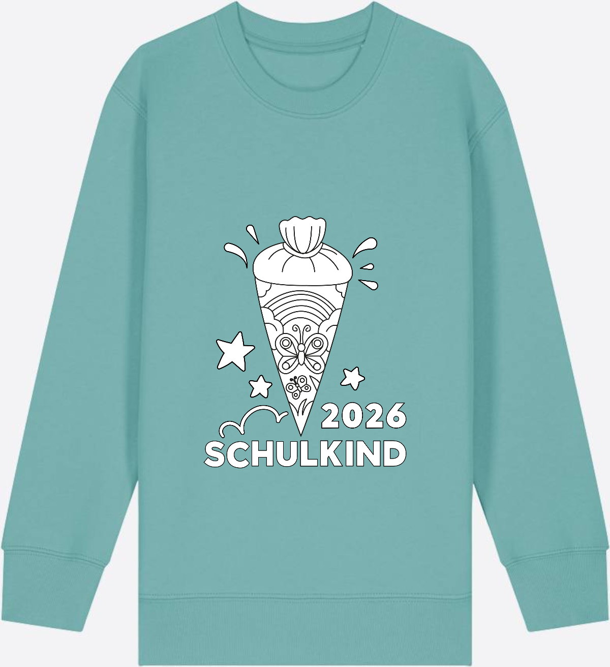 Schulkind 2026 Sweatshirt: Regenbogen Schultüte zum Ausmalen - Teal Monstera Herzseite