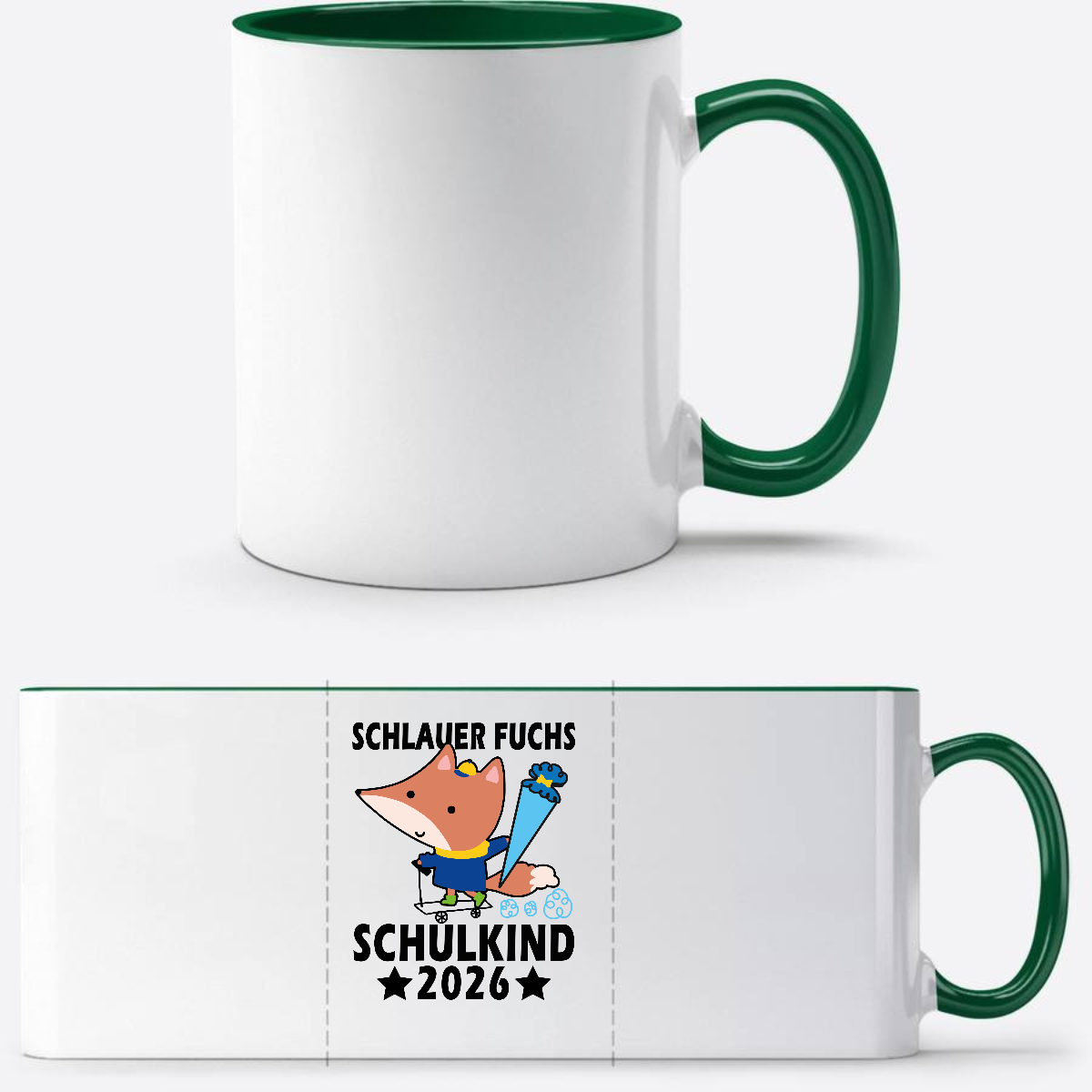Schulkind 2026 Tasse mit Name – Schlauer Fuchs schwarz - Weiß/Dunkelgrün