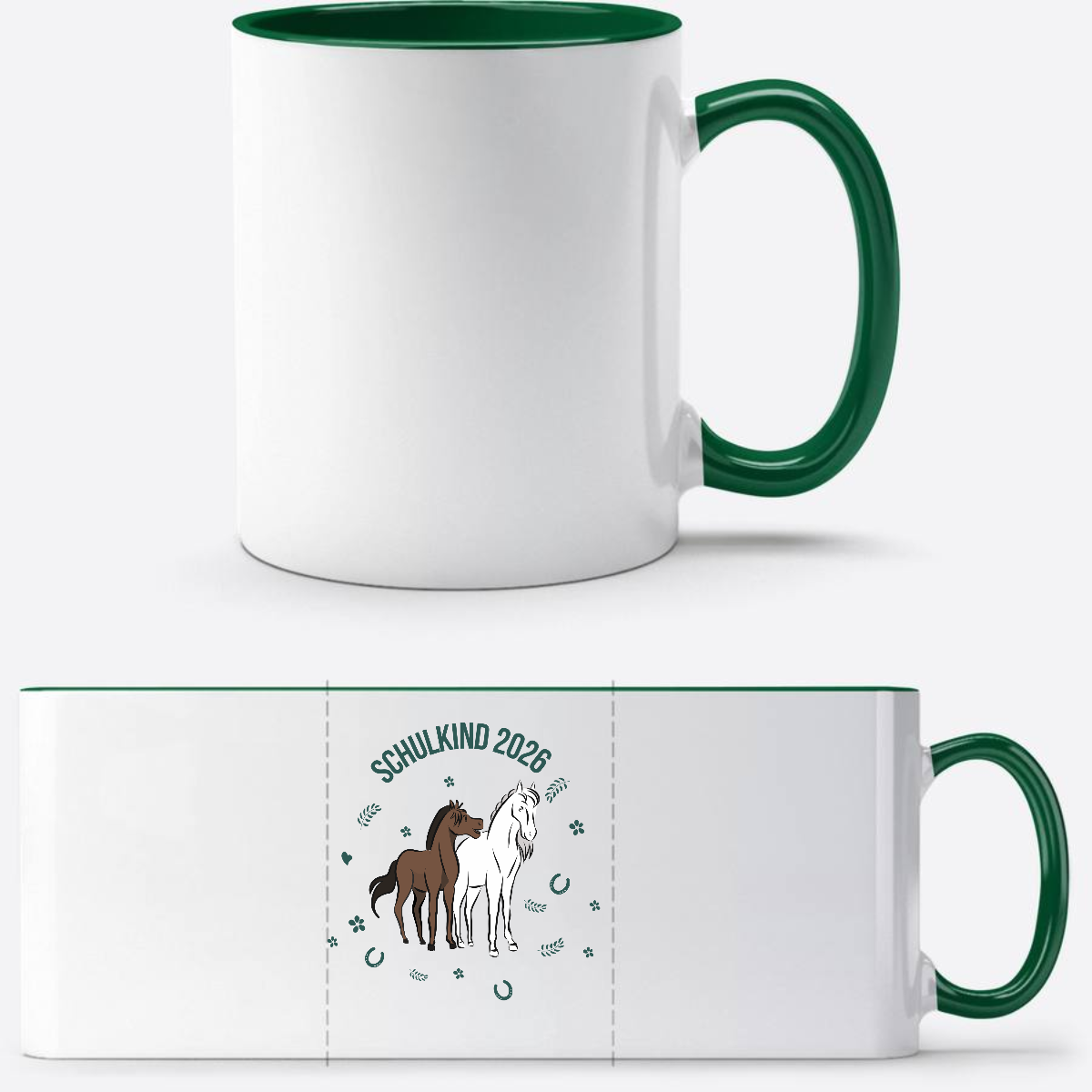 Schulkind 2026 Tasse mit Pferd – Personalisiert mit Name - Weiß/Dunkelgrün