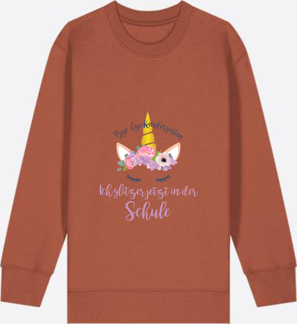 Sweatshirt Einschulung – Bye Bye Kindergarten Glitzer & Blumen - Heritage Brown Herzseite
