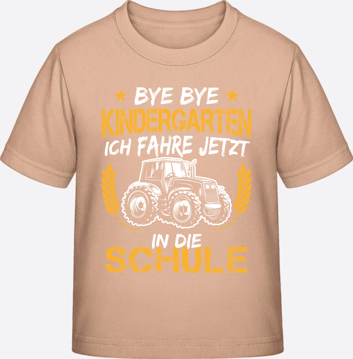 T-Shirt Einschulung: Bye Bye Kindergarten Traktor Weiß-Orange - Fraiche Peche