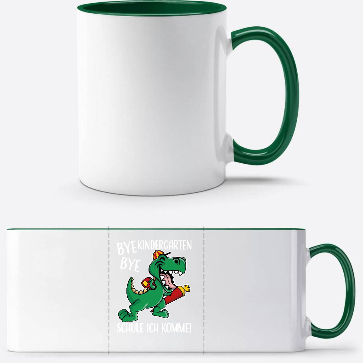 Tasse Bye Bye Kindergarten Dino – Personalisiert zur Einschulung - Weiß/Dunkelgrün
