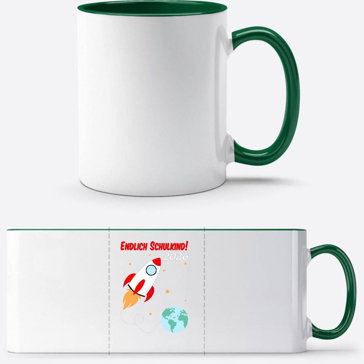 Tasse Einschulung 2026 – Endlich Schulkind Rakete mit Name - Weiß/Dunkelgrün