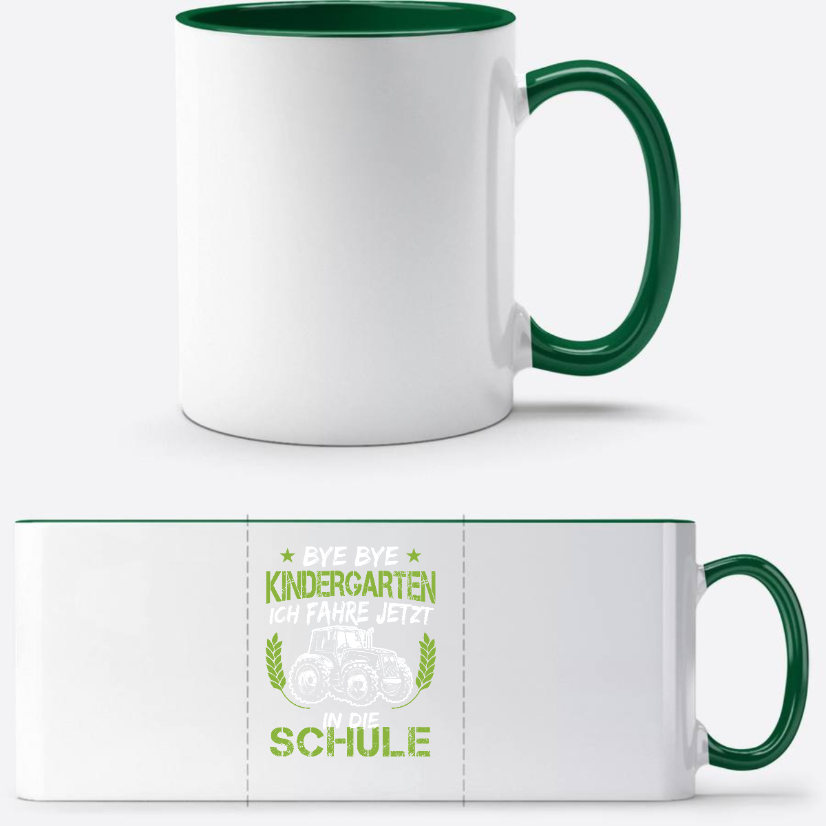 Tasse Einschulung – Bye Bye Kindergarten Traktor Grün - Weiß/Dunkelgrün