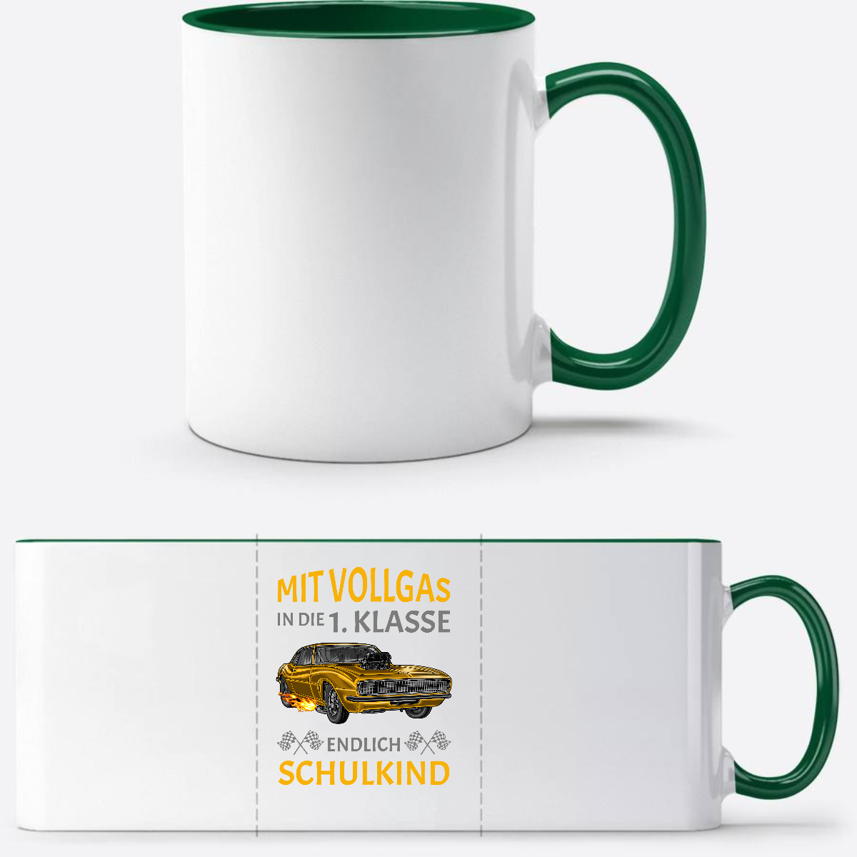 Tasse Einschulung: Mit Vollgas in die 1. Klasse – Rennauto - Weiß/Dunkelgrün