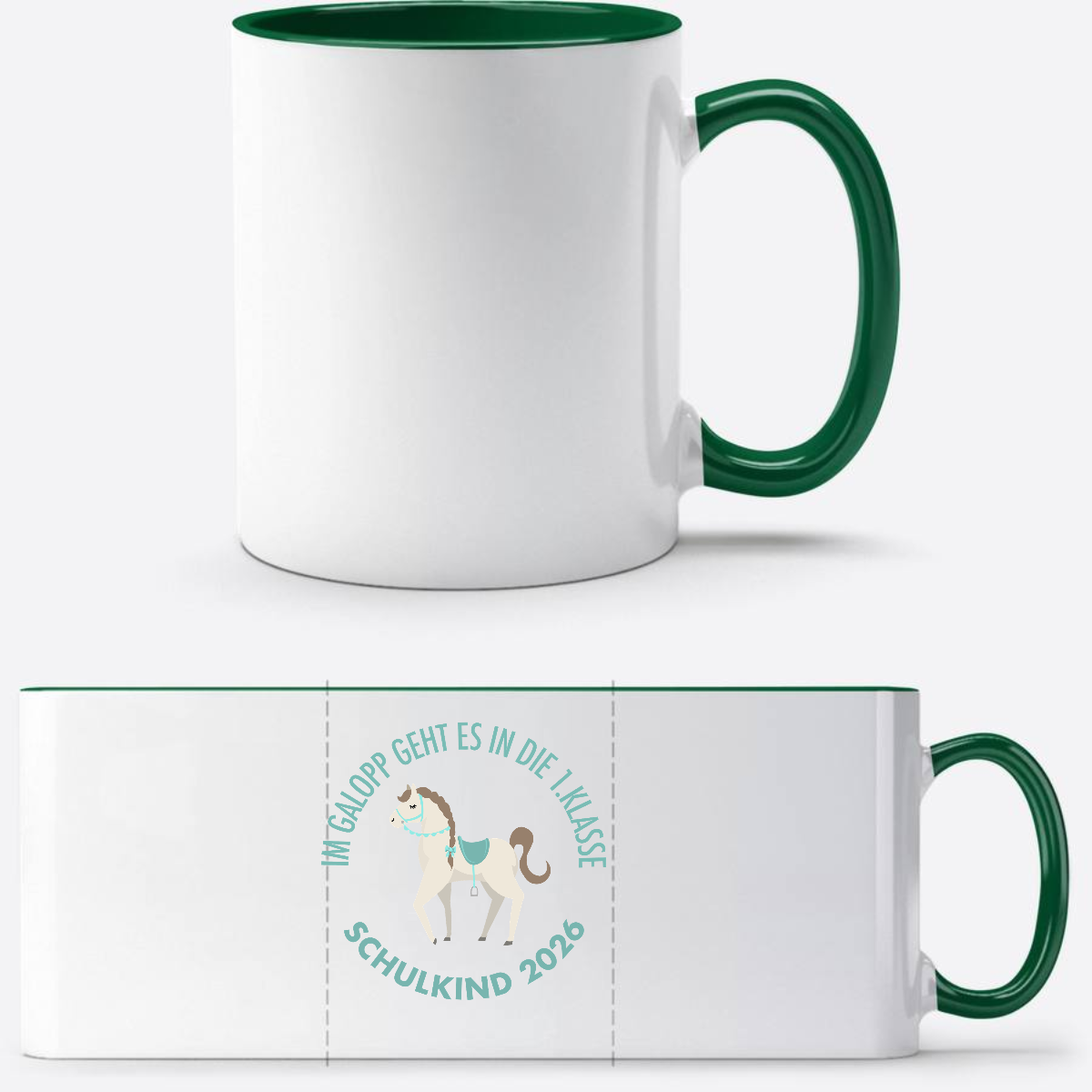 Tasse Im Galopp Schulkind 2026 – Personalisiert mit Name - Weiß/Dunkelgrün