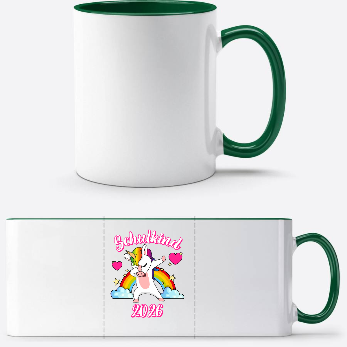 Tasse Schulkind 2025 – Dabbendes Einhorn & Regenbogen mit Name - Weiß/Dunkelgrün