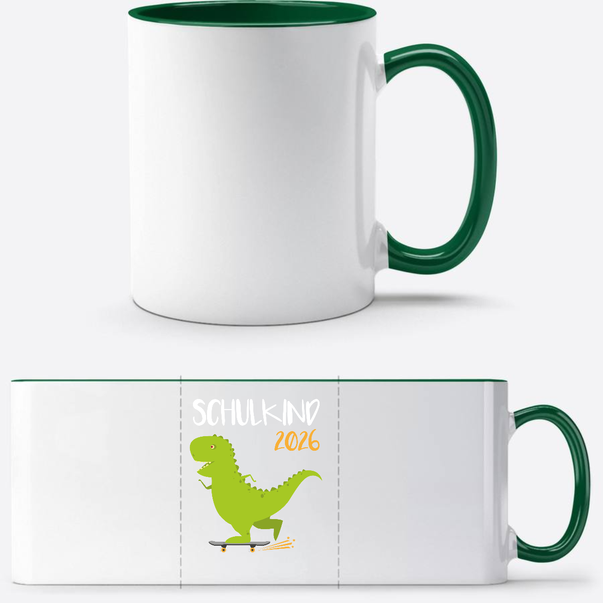 Tasse Schulkind 2025 – Dino mit Skateboard personalisiert - Weiß/Dunkelgrün